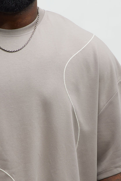 Vertical Wavy Contrast Stitch Boxy Cropped Tee - Taupe