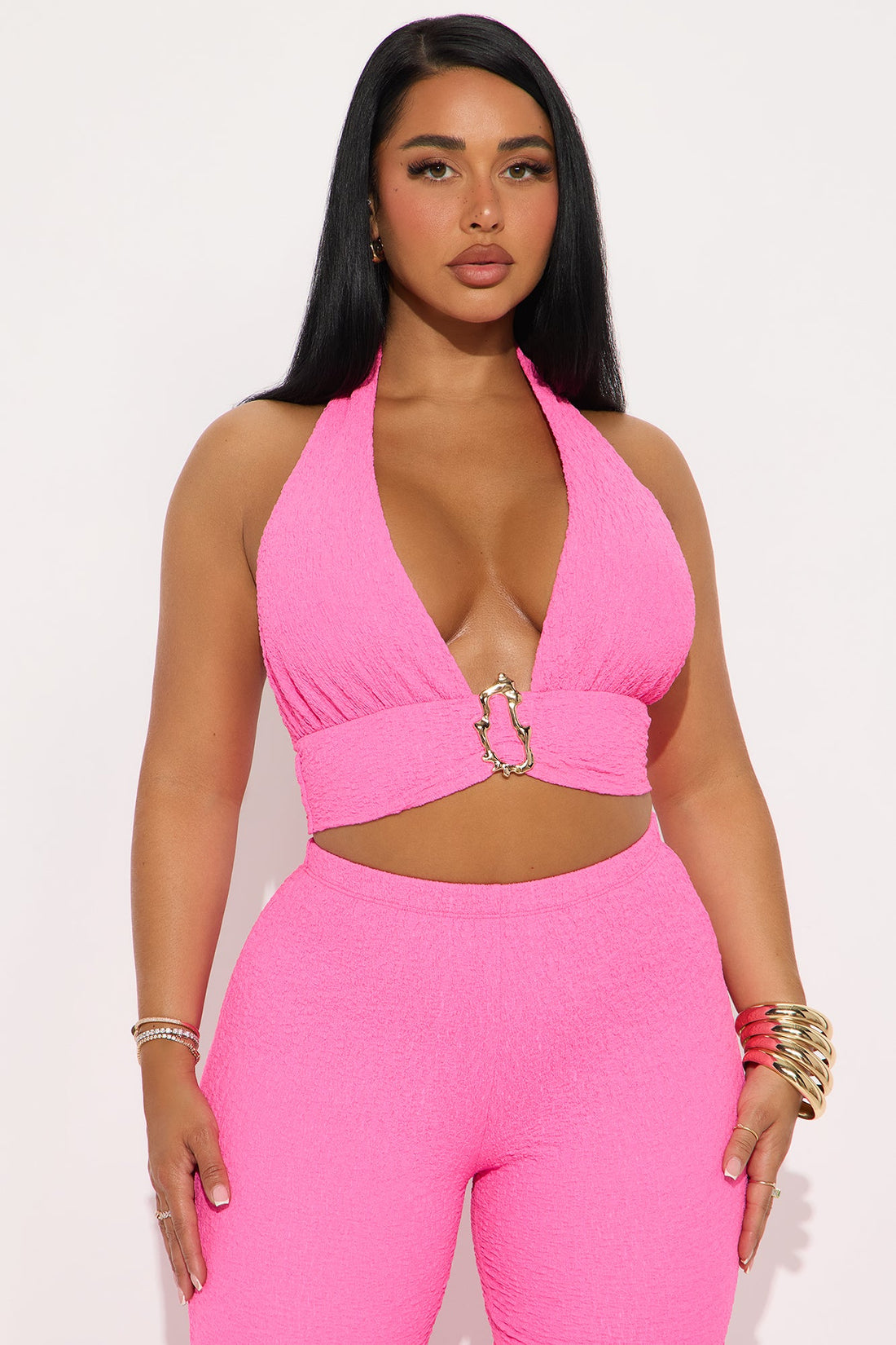 Dim The Lights Textured Pant Set - Hot Pink