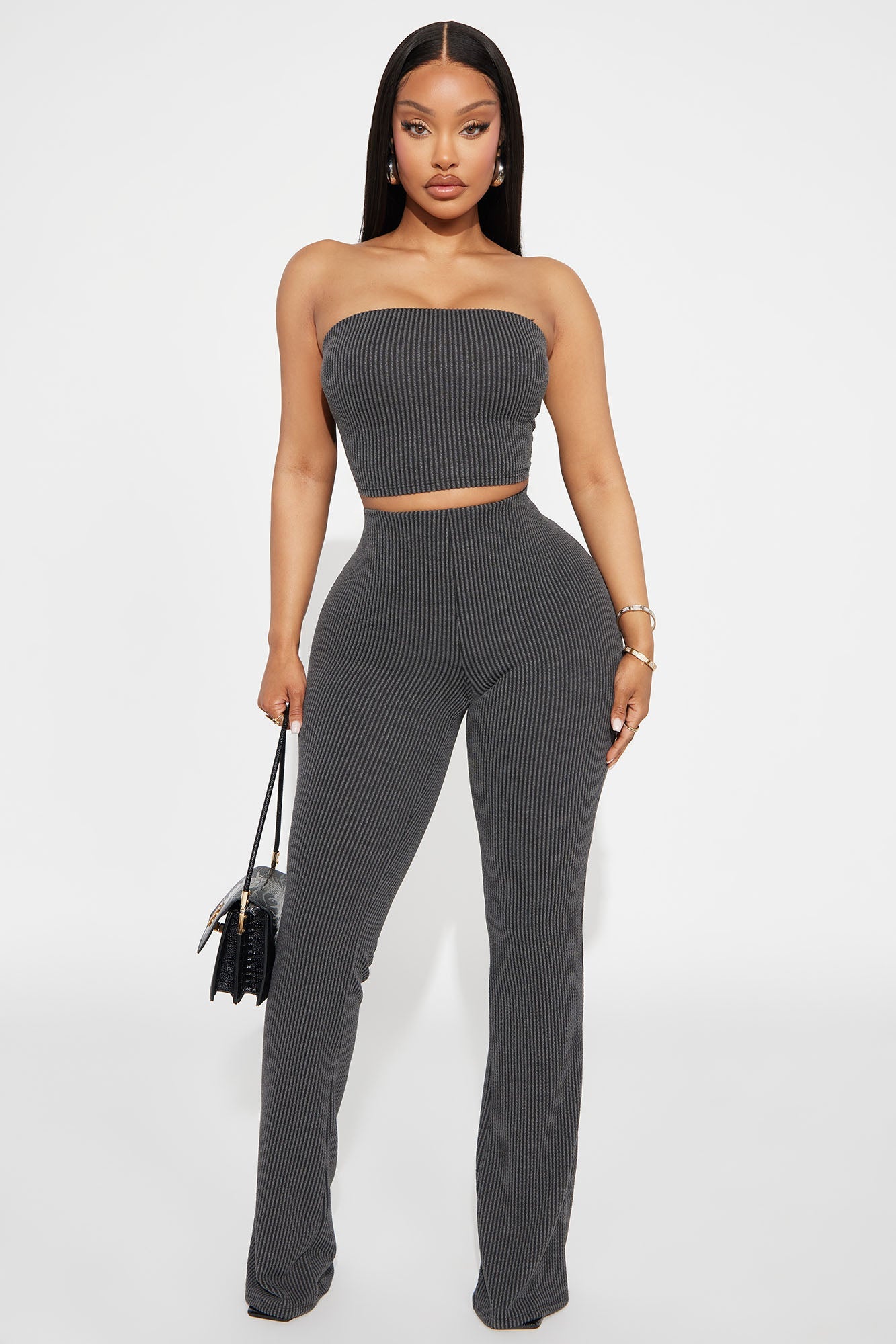 Reya Ribbed Pant Set - Charcoal