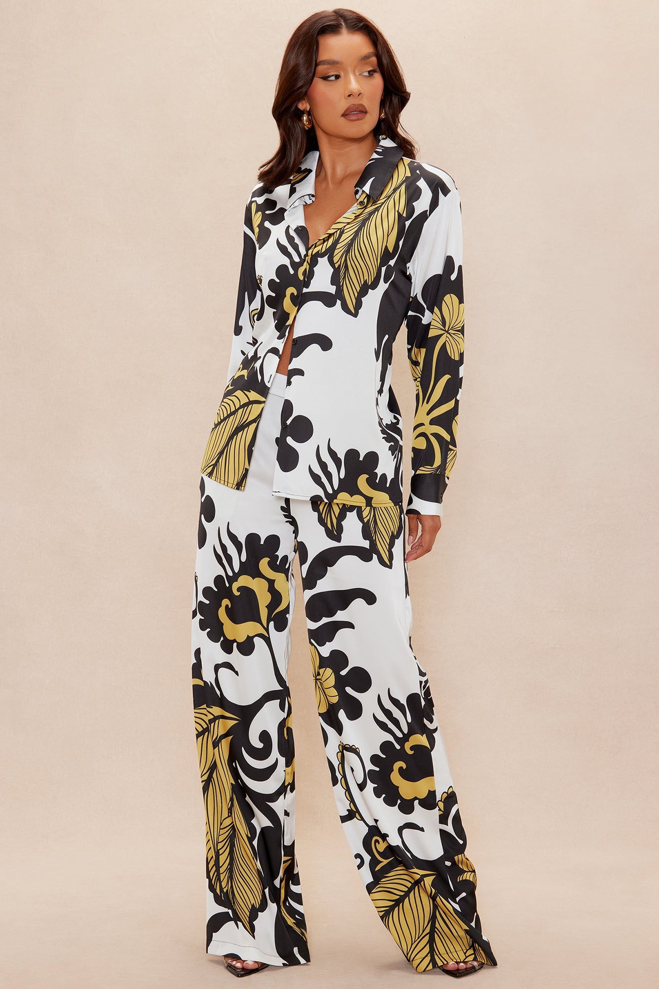 Adima Satin Wide Leg Pant Set - Gold/combo