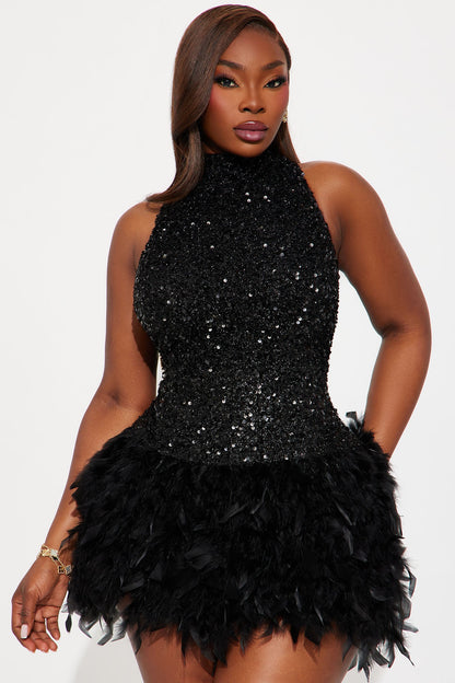 Zoey Feathered Sequin High Neck Mini Dress - Black