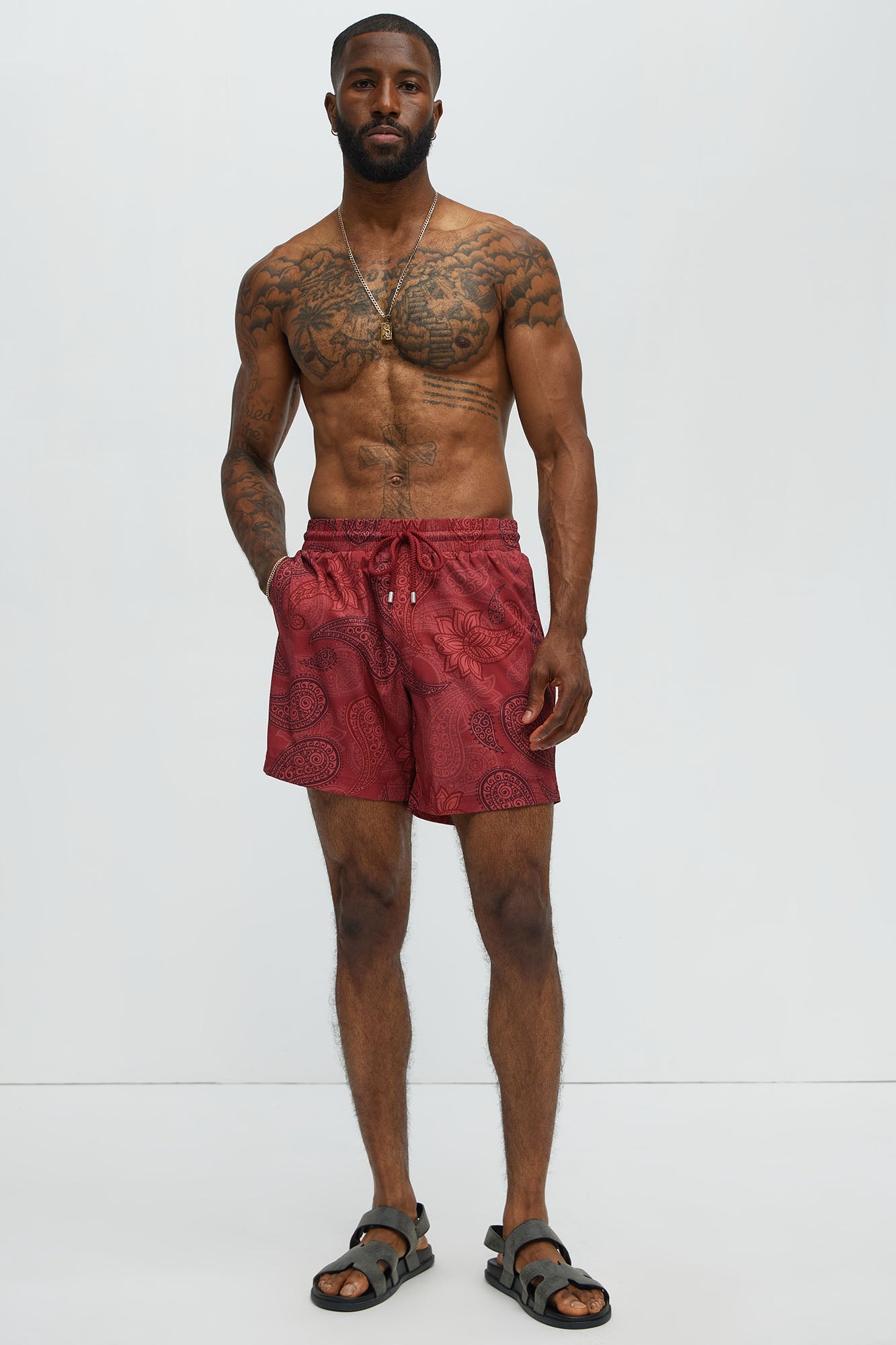 Retro Paisley Printed Swim Classic Trunk - Burgundy
