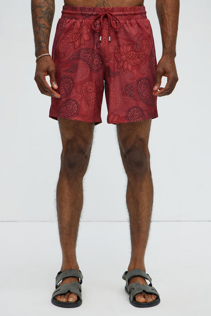 Retro Paisley Printed Swim Classic Trunk - Burgundy