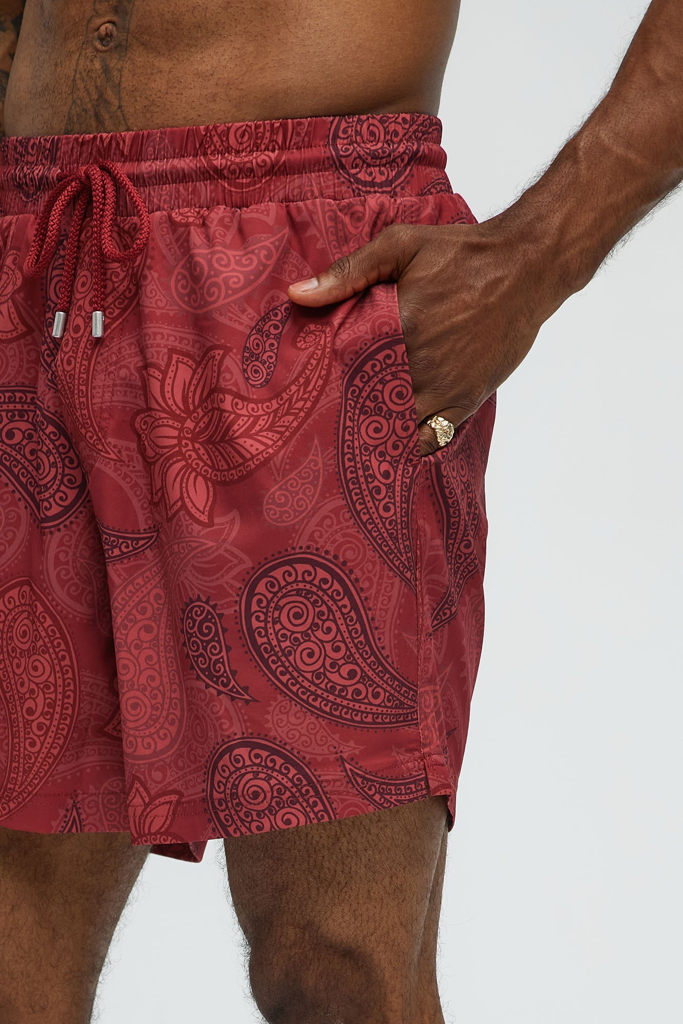 Retro Paisley Printed Swim Classic Trunk - Burgundy