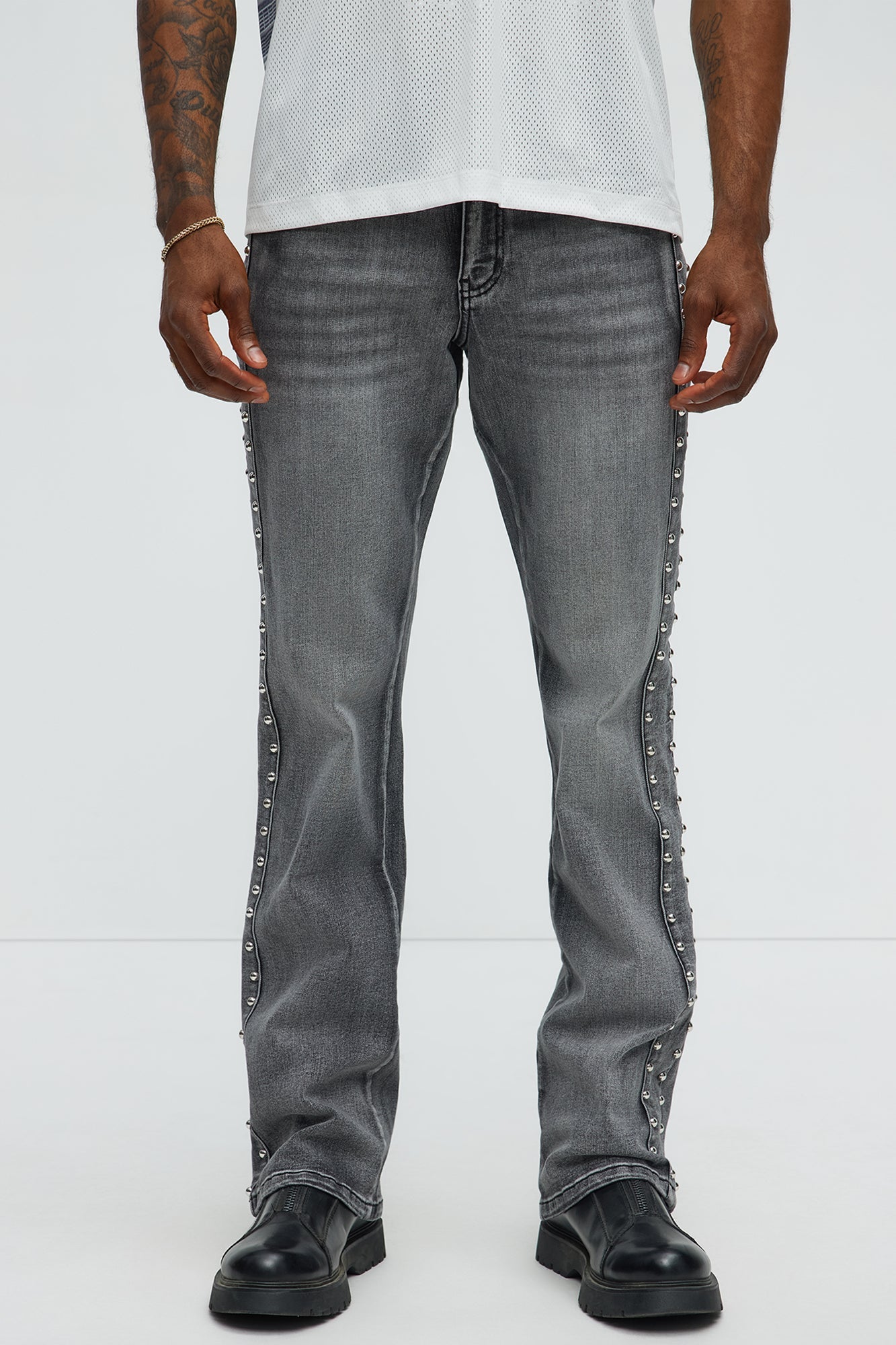 Stacked Slim Flare Stud On The Side Jeans - Black Wash
