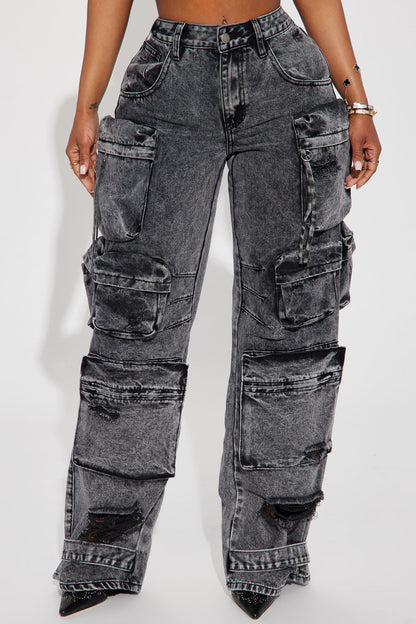 Millie Non Stretch Ripped Cargo Jeans - Acid Wash Black