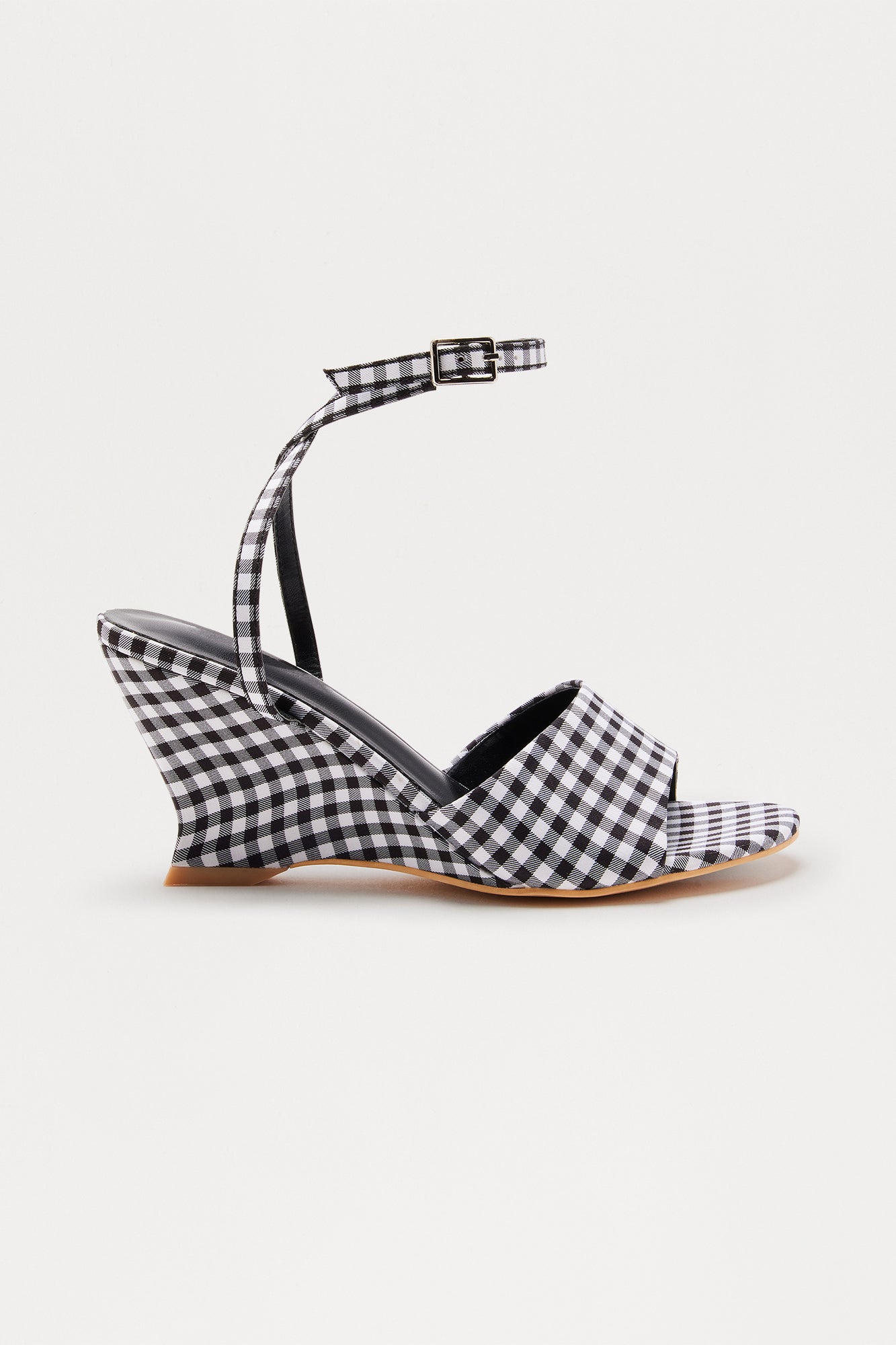 Dorthy Gingham Ankle Strap Wedges - Black/White