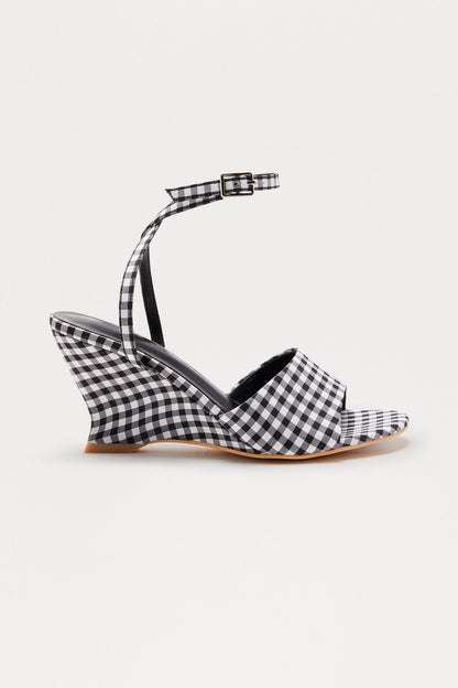 Dorthy Gingham Ankle Strap Wedges - Black/White