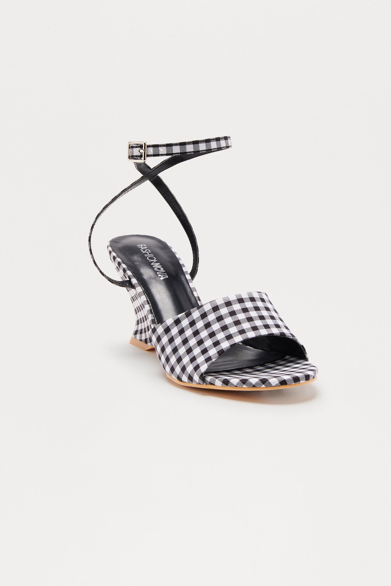Dorthy Gingham Ankle Strap Wedges - Black/White