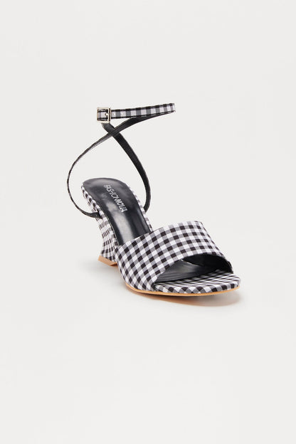 Dorthy Gingham Ankle Strap Wedges - Black/White