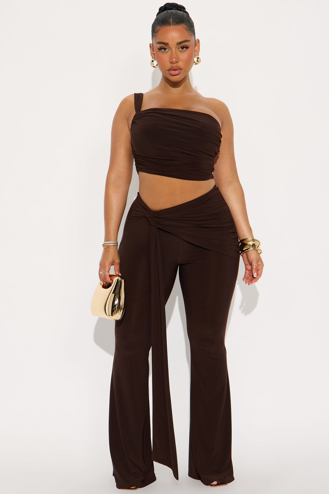 Kairo Ruched Flare Pant Set - Chocolate