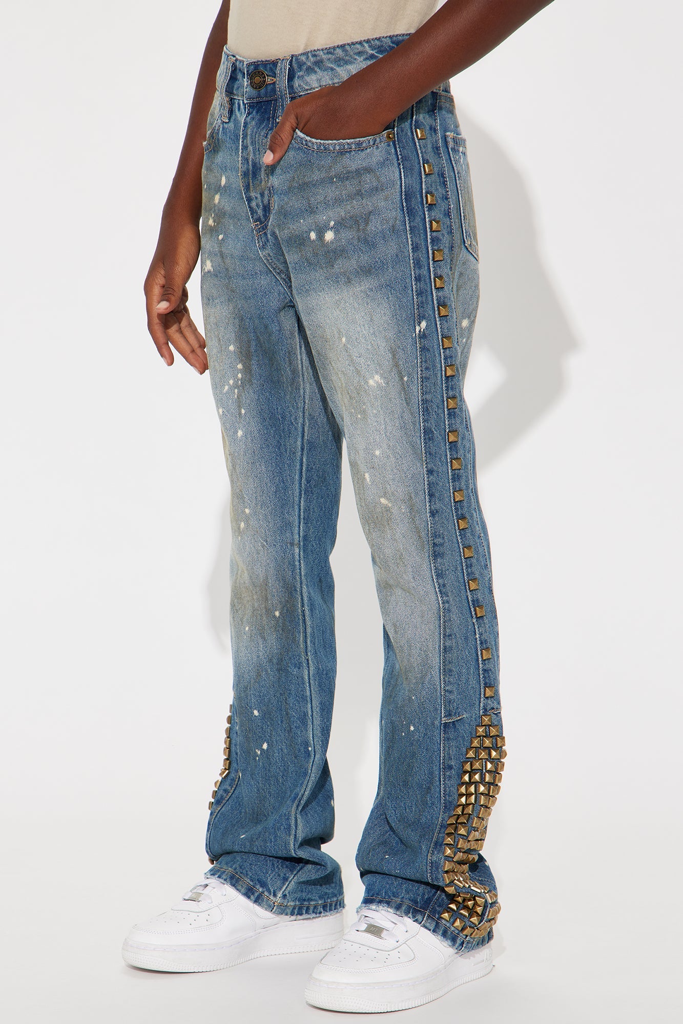 Mini Slim Flare Put Me On Distressed Studded Jeans - Medium Blue Wash