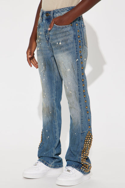 Mini Slim Flare Put Me On Distressed Studded Jeans - Medium Blue Wash