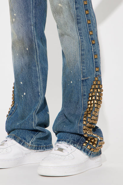 Mini Slim Flare Put Me On Distressed Studded Jeans - Medium Blue Wash