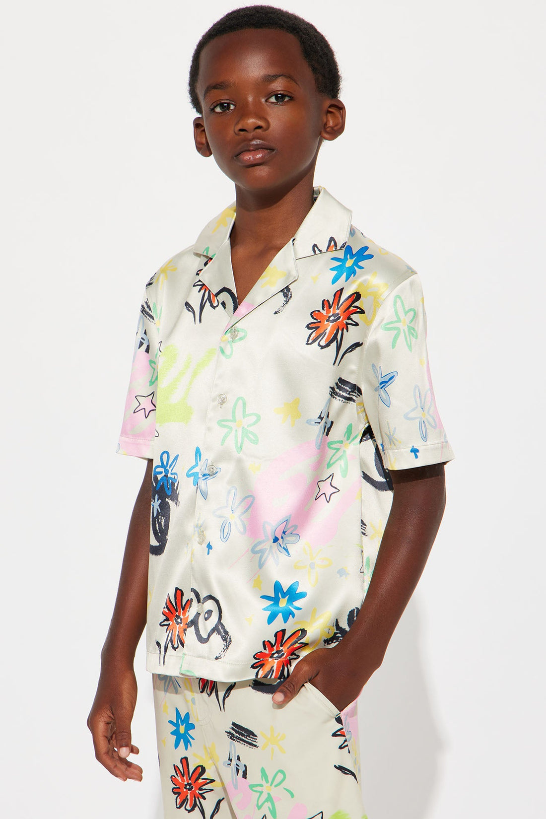 Mini Graffiti Bloom Cuban Collar Button Up Shirt - Multi Color