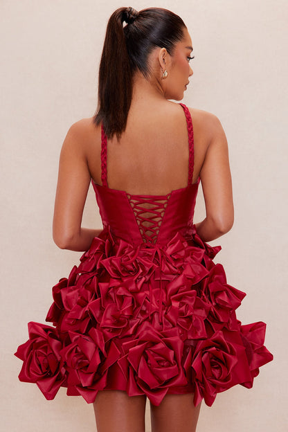 Jasmina Floral Satin Mini Dress - Red