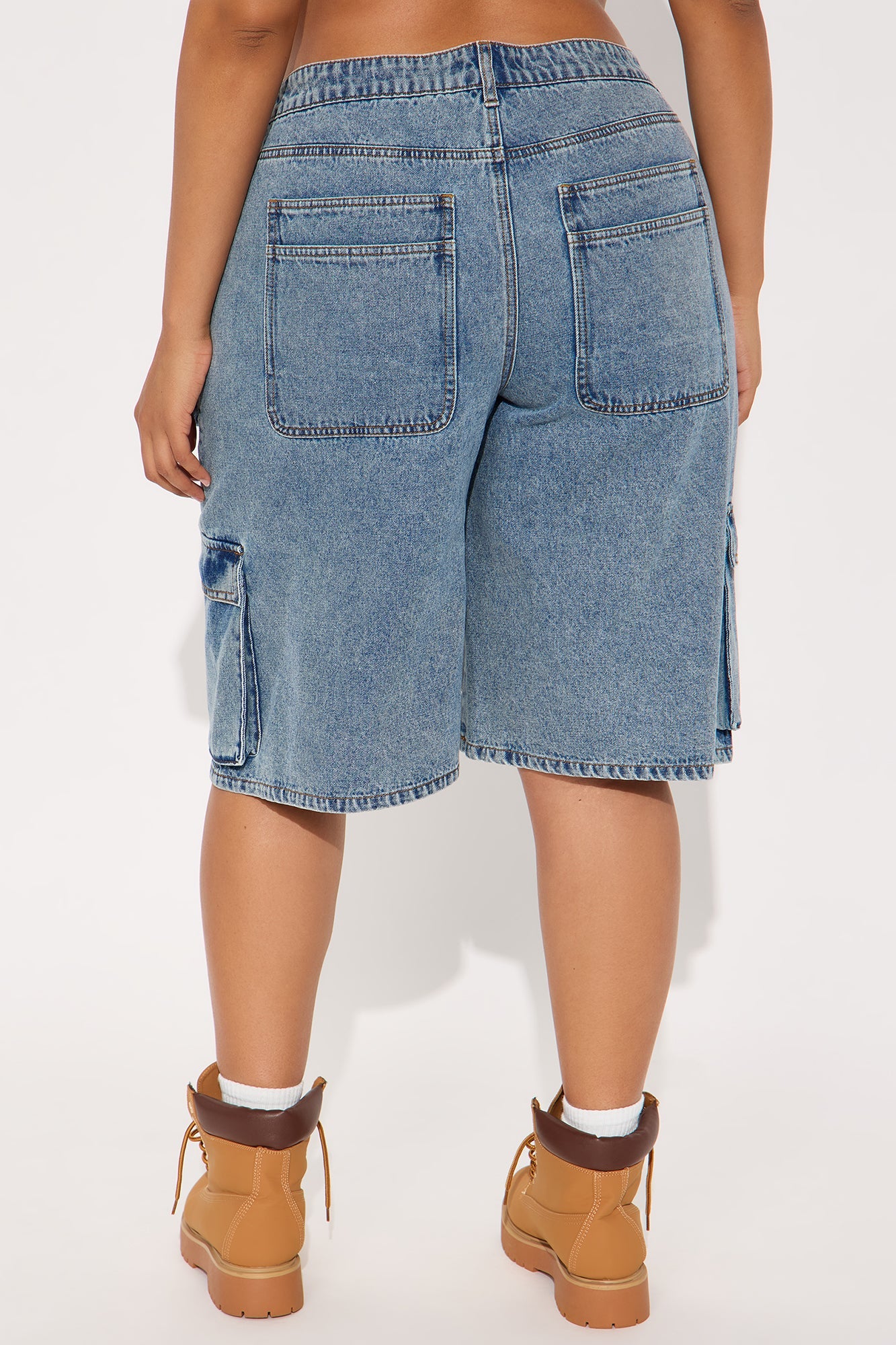 Frankie Acid Wash Cargo Denim Jorts - Medium Wash