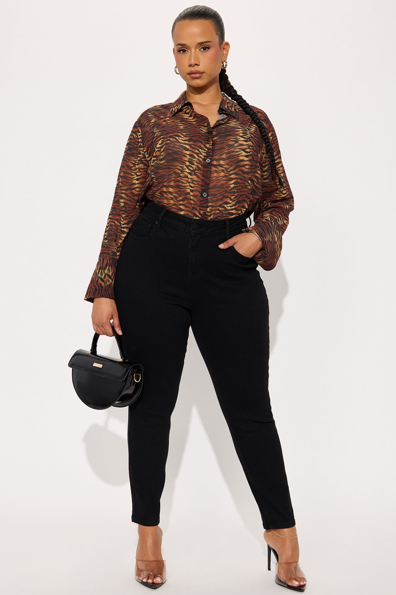 Urban Safari Animal Print Chiffon Button Up Shirt - Brown/combo