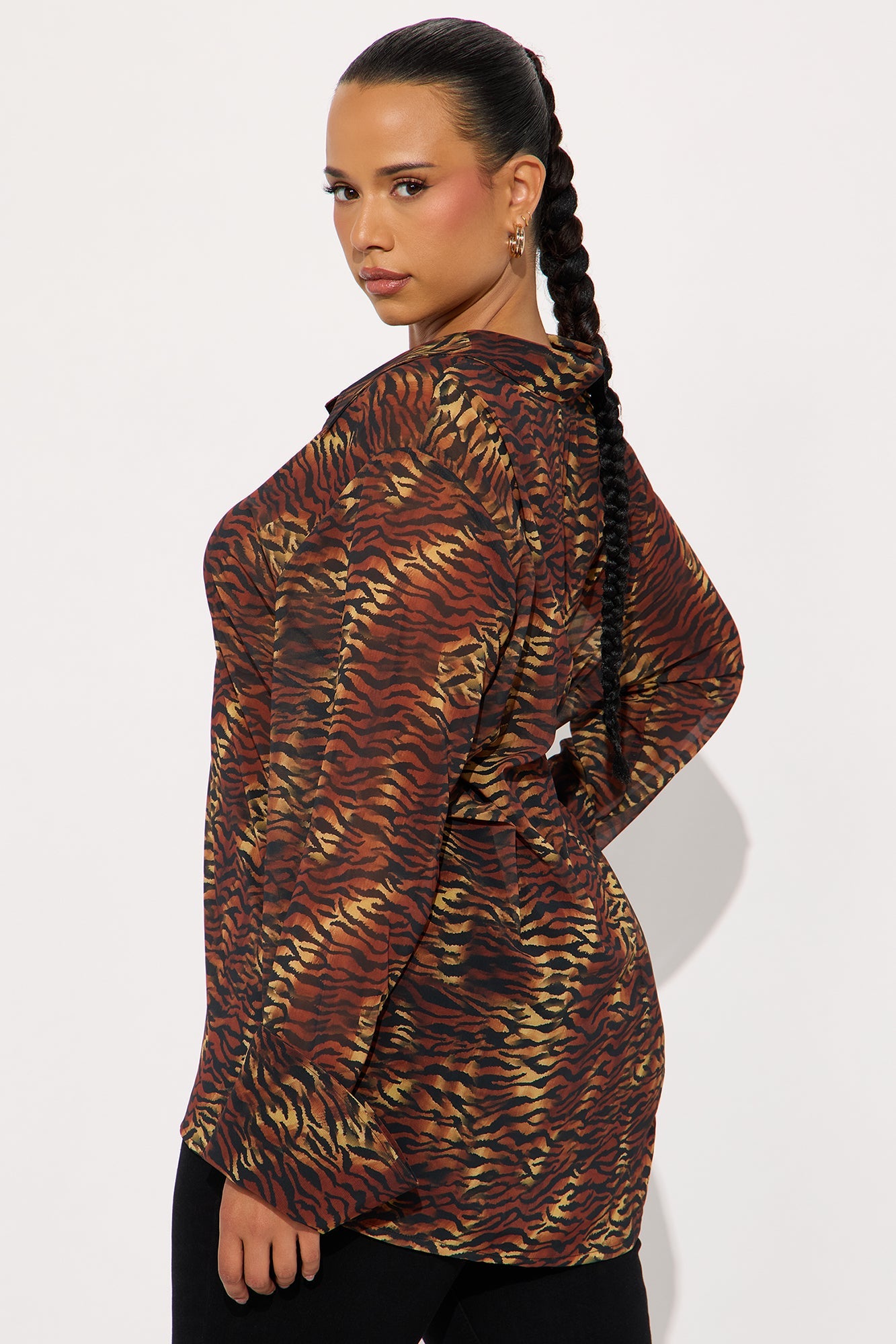 Urban Safari Animal Print Chiffon Button Up Shirt - Brown/combo
