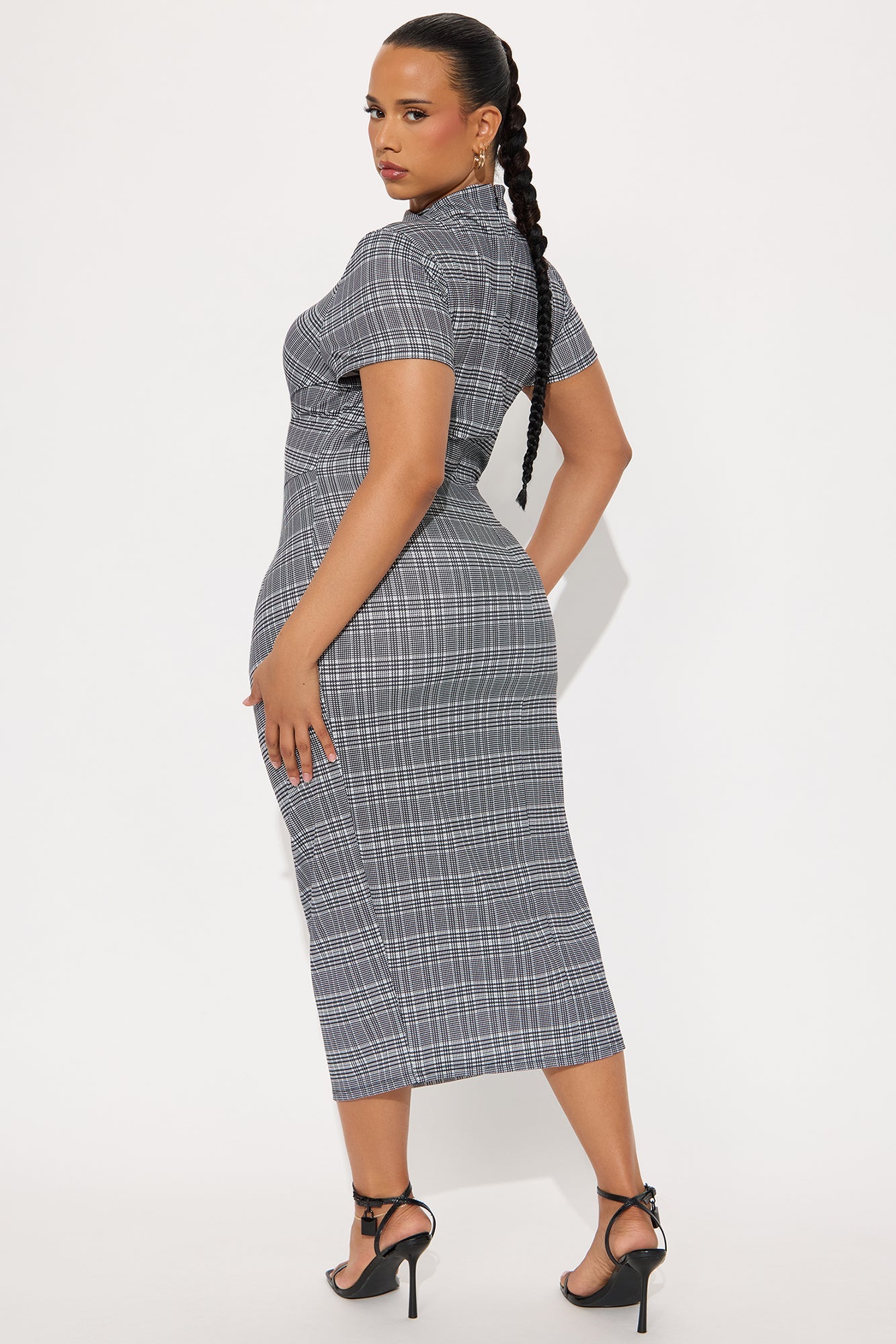 Arlene Houndstooth Short Sleeve Midi Dress - Black/White