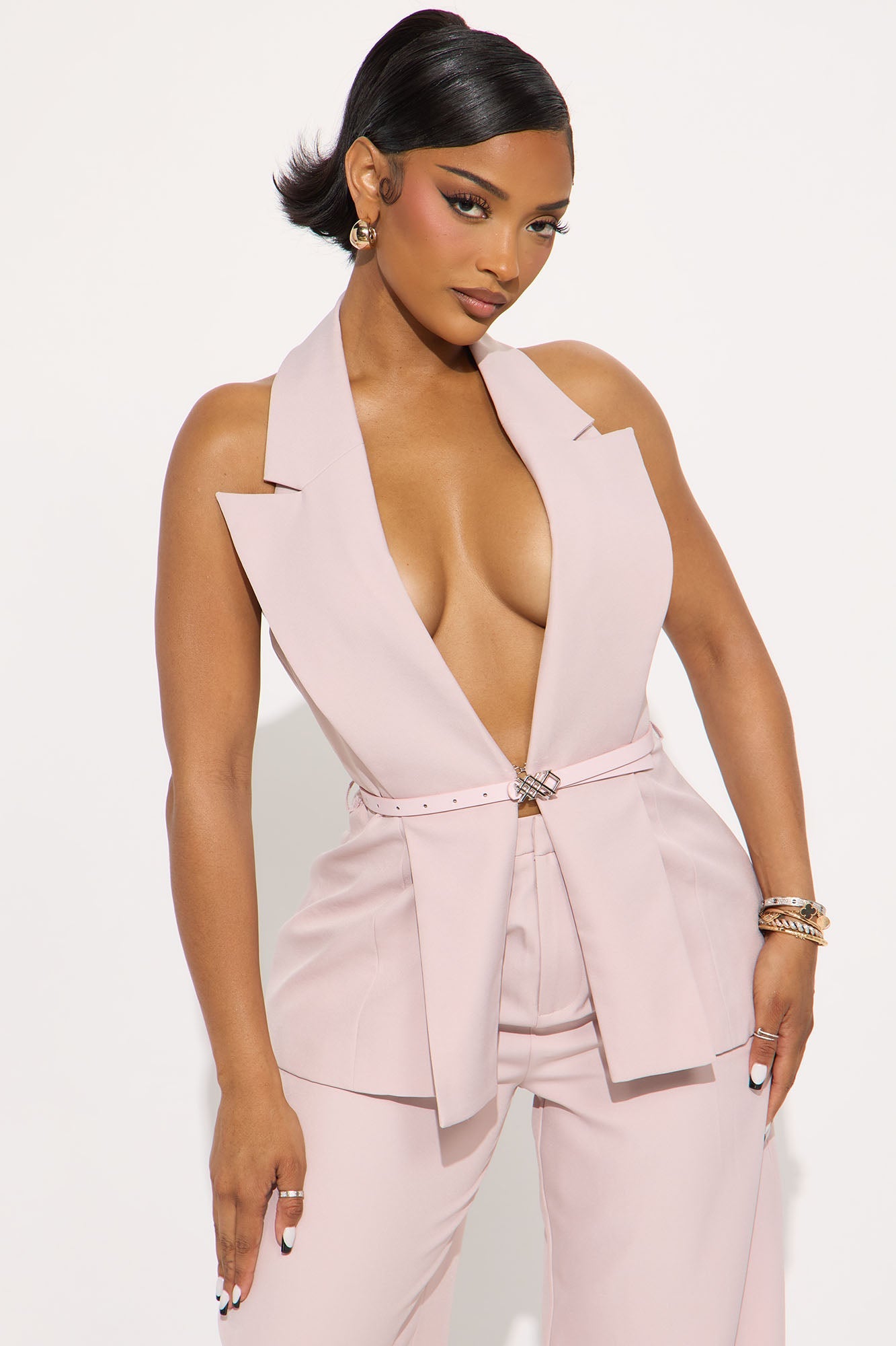 Divine Crepe Belted Vest And Pant Set - Mauve