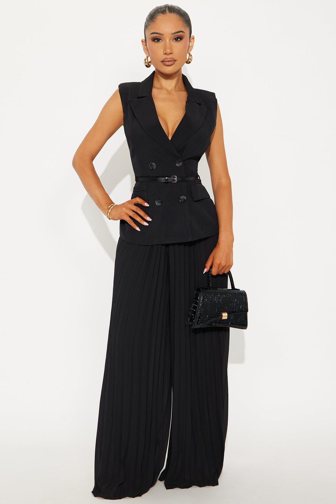 Veronica Belted Vest Pleated Pant Set - Black