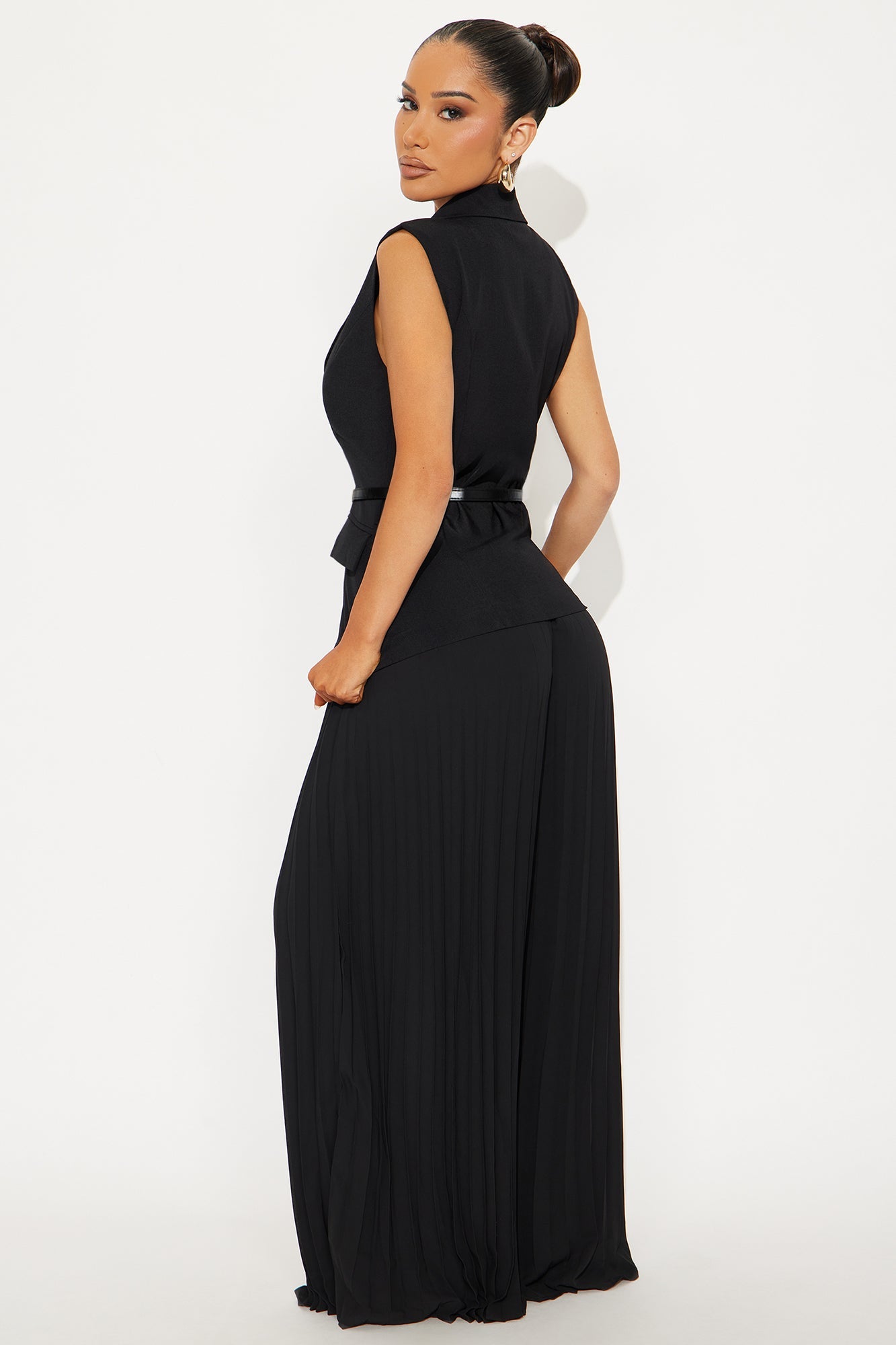 Veronica Belted Vest Pleated Pant Set - Black