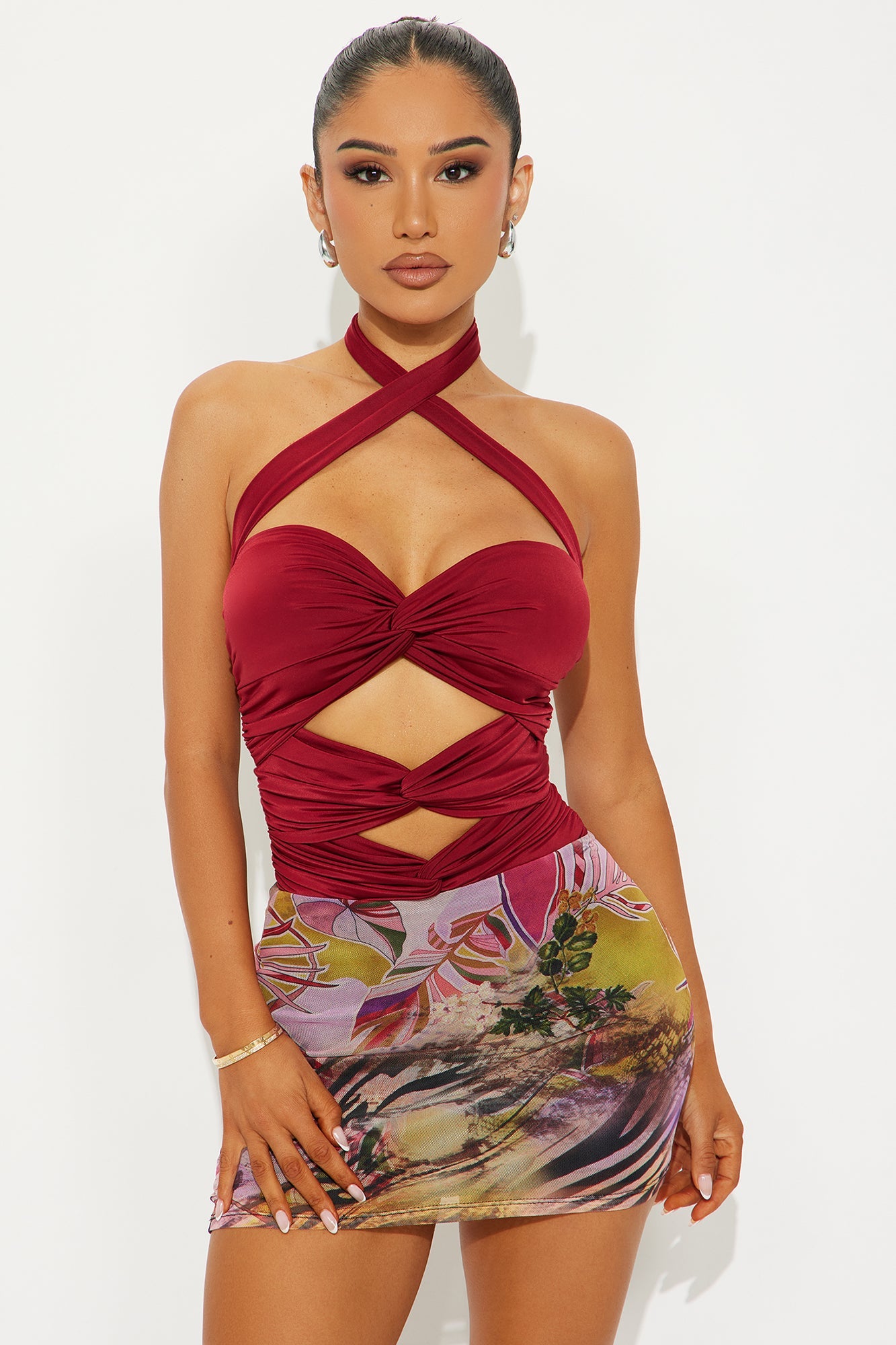 Dare Me Ruched Cut Out Halter Bodysuit - Burgundy