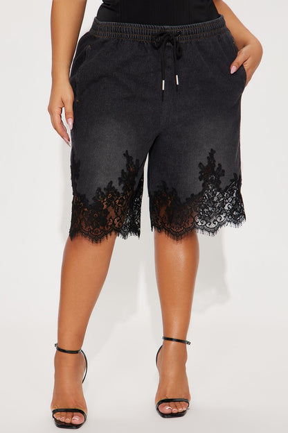 Making Things Happen Lace Trim Denim Jorts - Black Wash