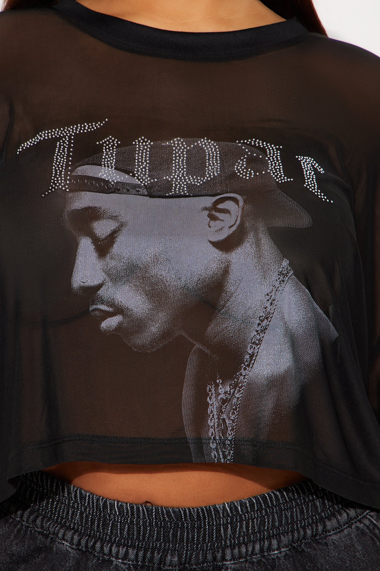 Tupac Mesh Rhinestone Cropped Tee - Black