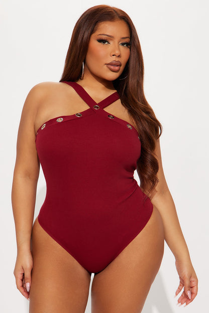 Resist Me Grommet Y-Neck Bodysuit - Burgundy
