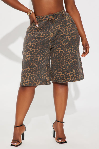 Wild Side Leopard Denim Jorts - Brown/combo