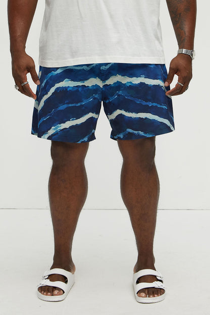 Rolling Waves Printed Swim Mid Trunk - Blue/combo