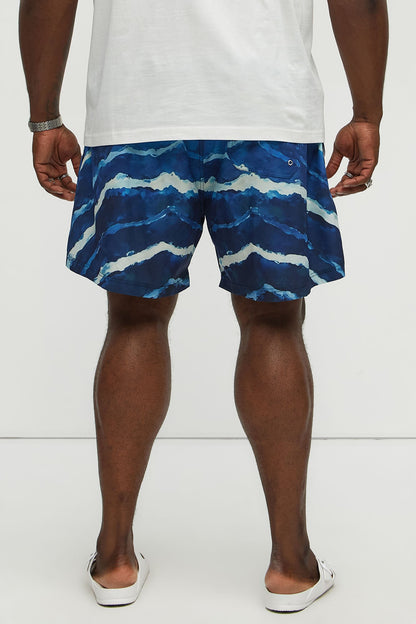 Rolling Waves Printed Swim Mid Trunk - Blue/combo