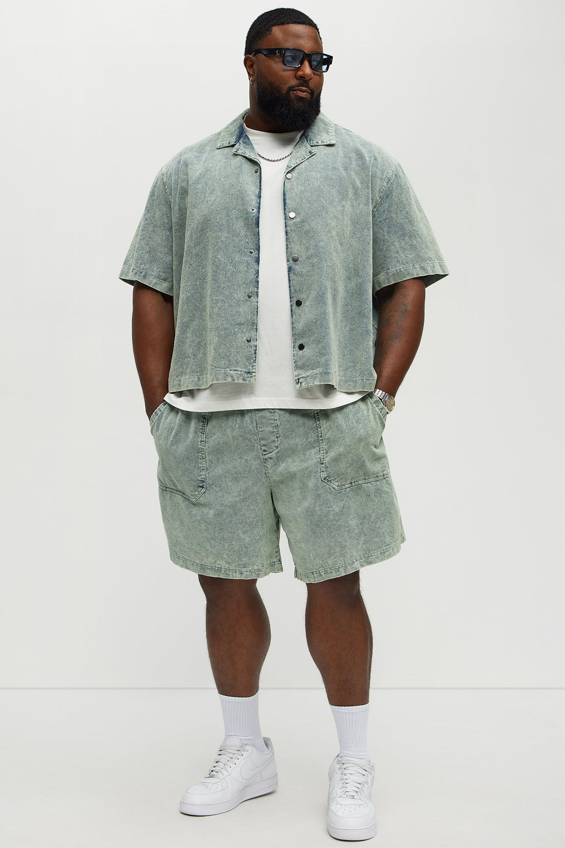 Ohio Corduroy Cuban Collar Cropped Short Sleeve Shirt - Blue/combo