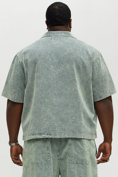 Ohio Corduroy Cuban Collar Cropped Short Sleeve Shirt - Blue/combo