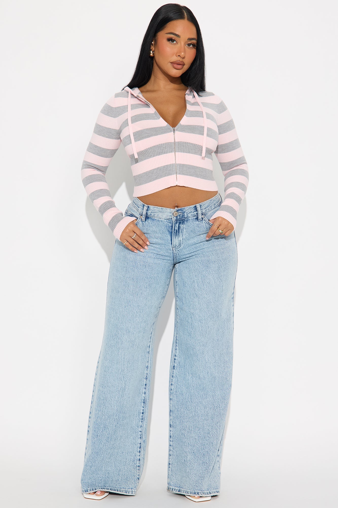Simple Pleasures Front Zip Striped Cropped Sweater - Pink/combo