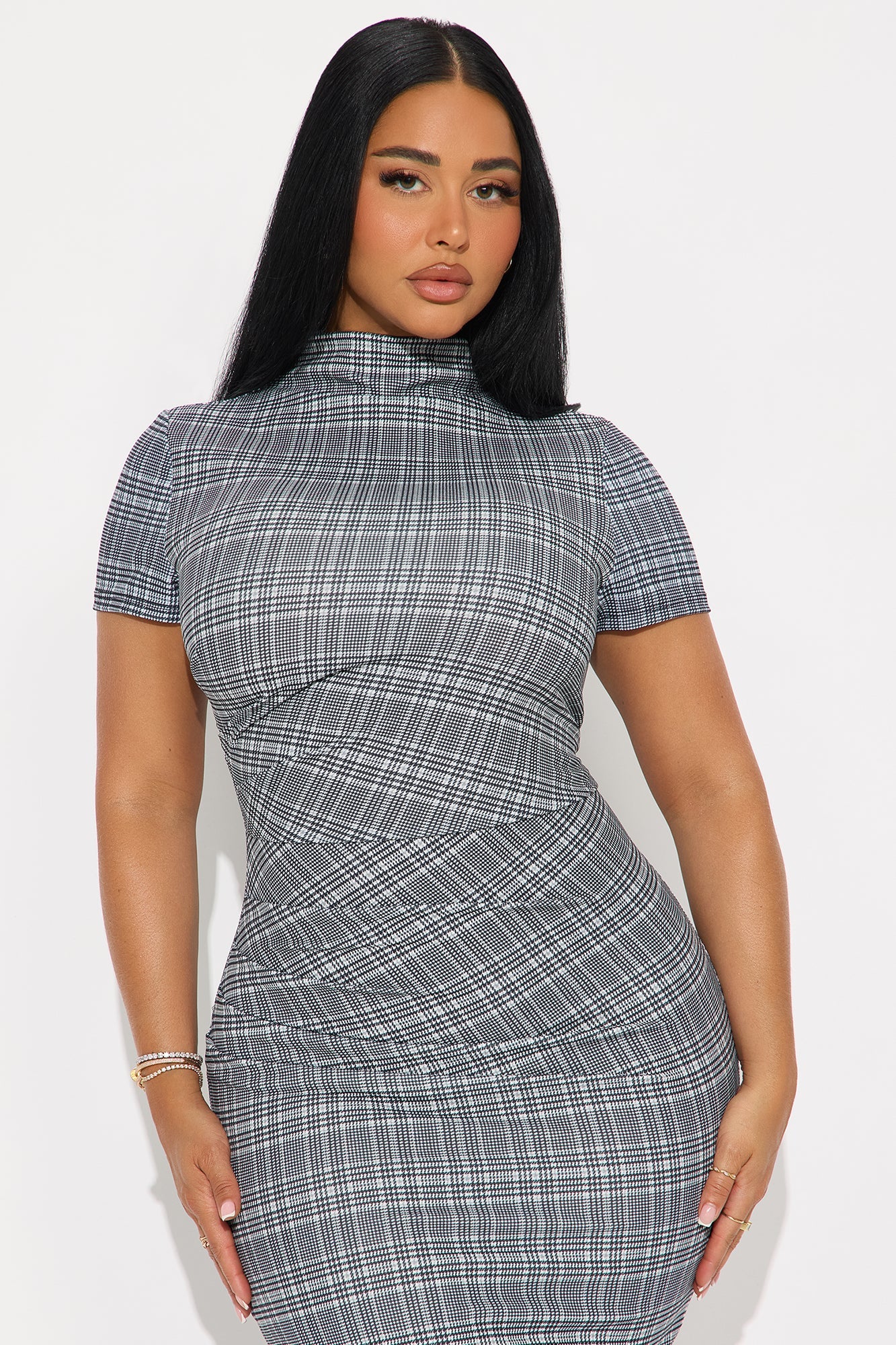 Arlene Houndstooth Short Sleeve Midi Dress - Black/White