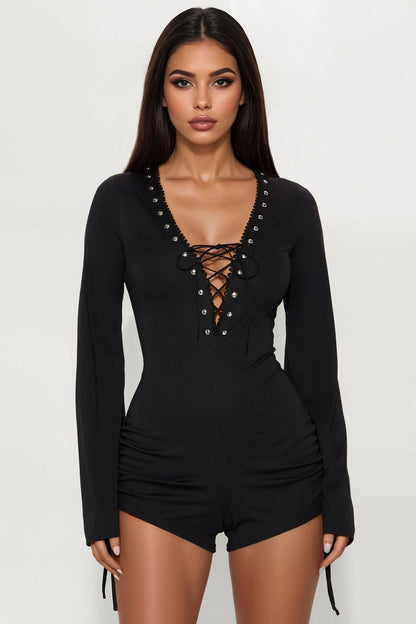 Live A Little Lace Up Micro Short Romper - Black