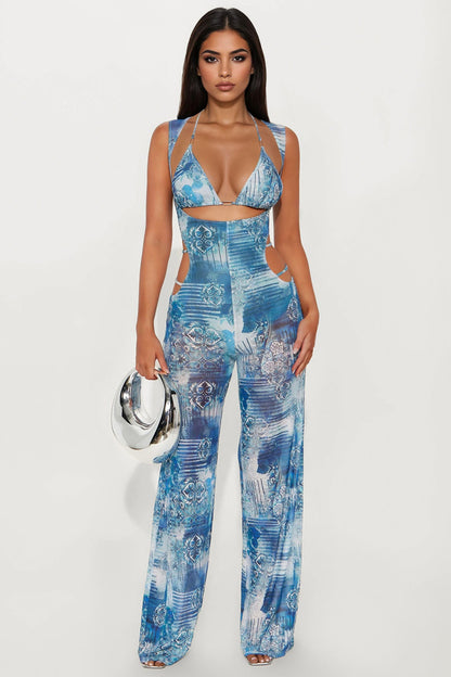 Alyssa Mesh 2 Piece Jumpsuit Set - Blue/combo