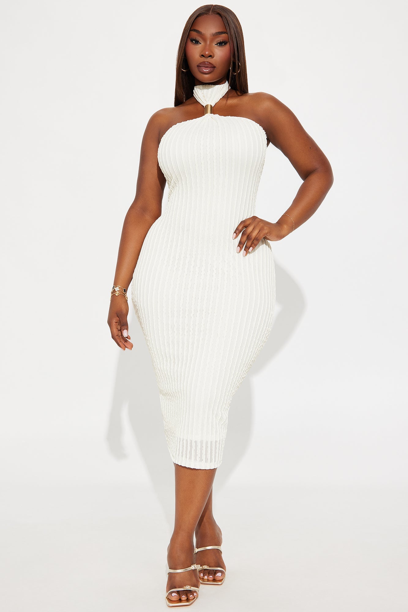 Sophia Textured Halter Midi Dress - Ivory