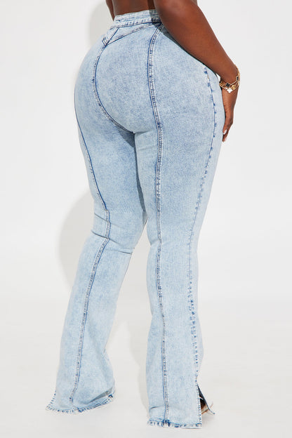 Tall Side Slit Stretch Slim Bootcut Jeans - Acid Wash Denim