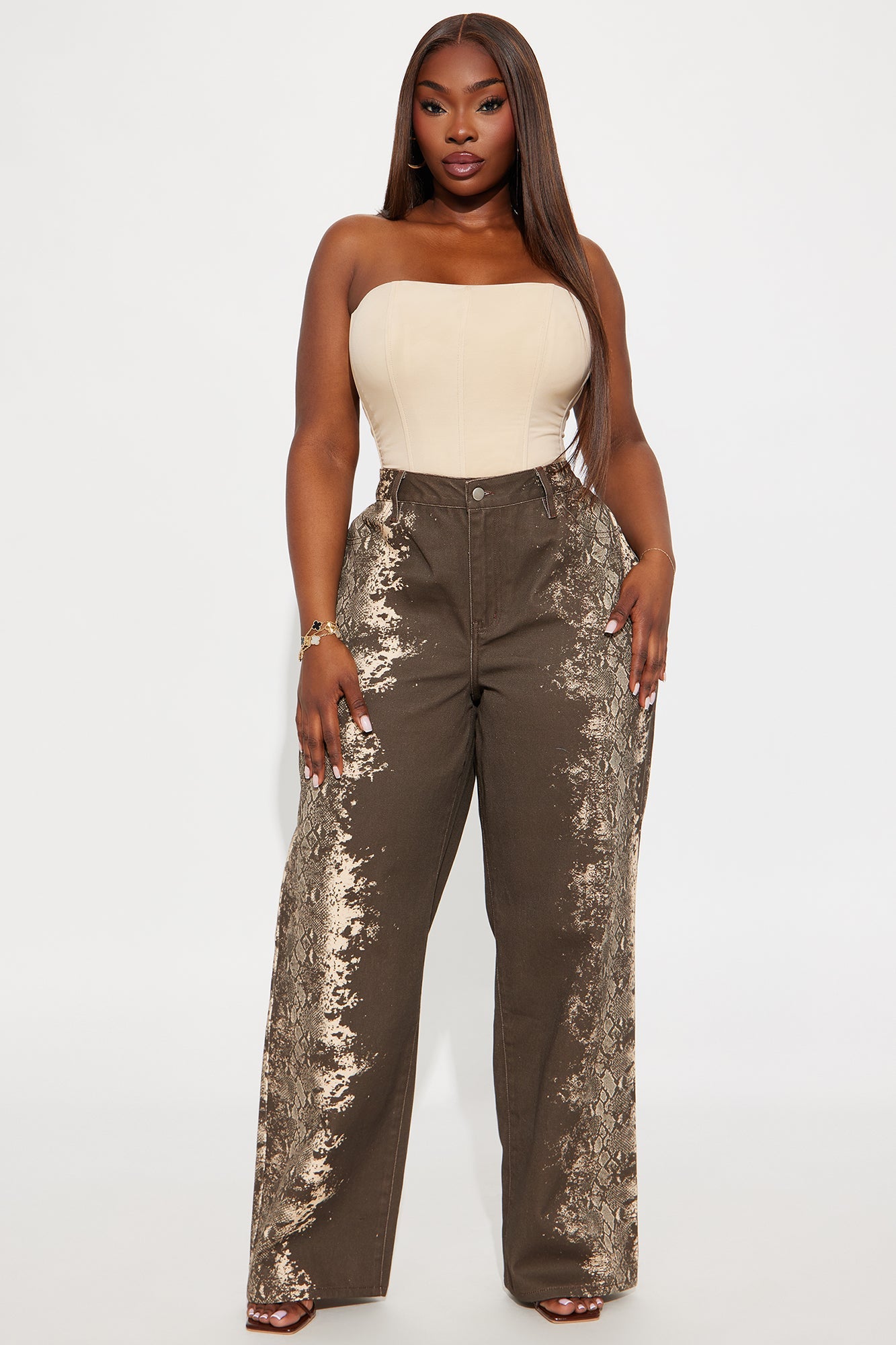 Trust No Snakes Printed Baggy Jeans - Brown