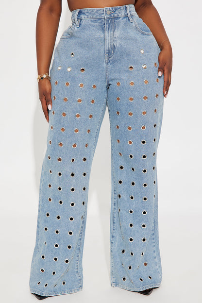 Throwing You Off Grommet Rigid Flare Jeans - Light Wash