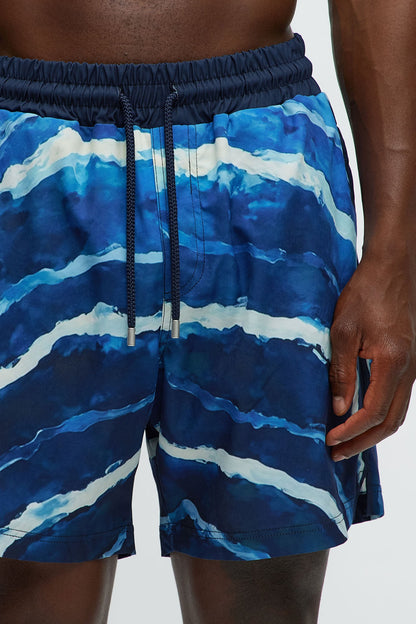 Rolling Waves Printed Swim Mid Trunk - Blue/combo