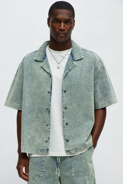 Ohio Corduroy Cuban Collar Cropped Short Sleeve Shirt - Blue/combo