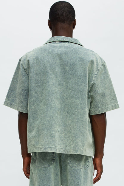Ohio Corduroy Cuban Collar Cropped Short Sleeve Shirt - Blue/combo