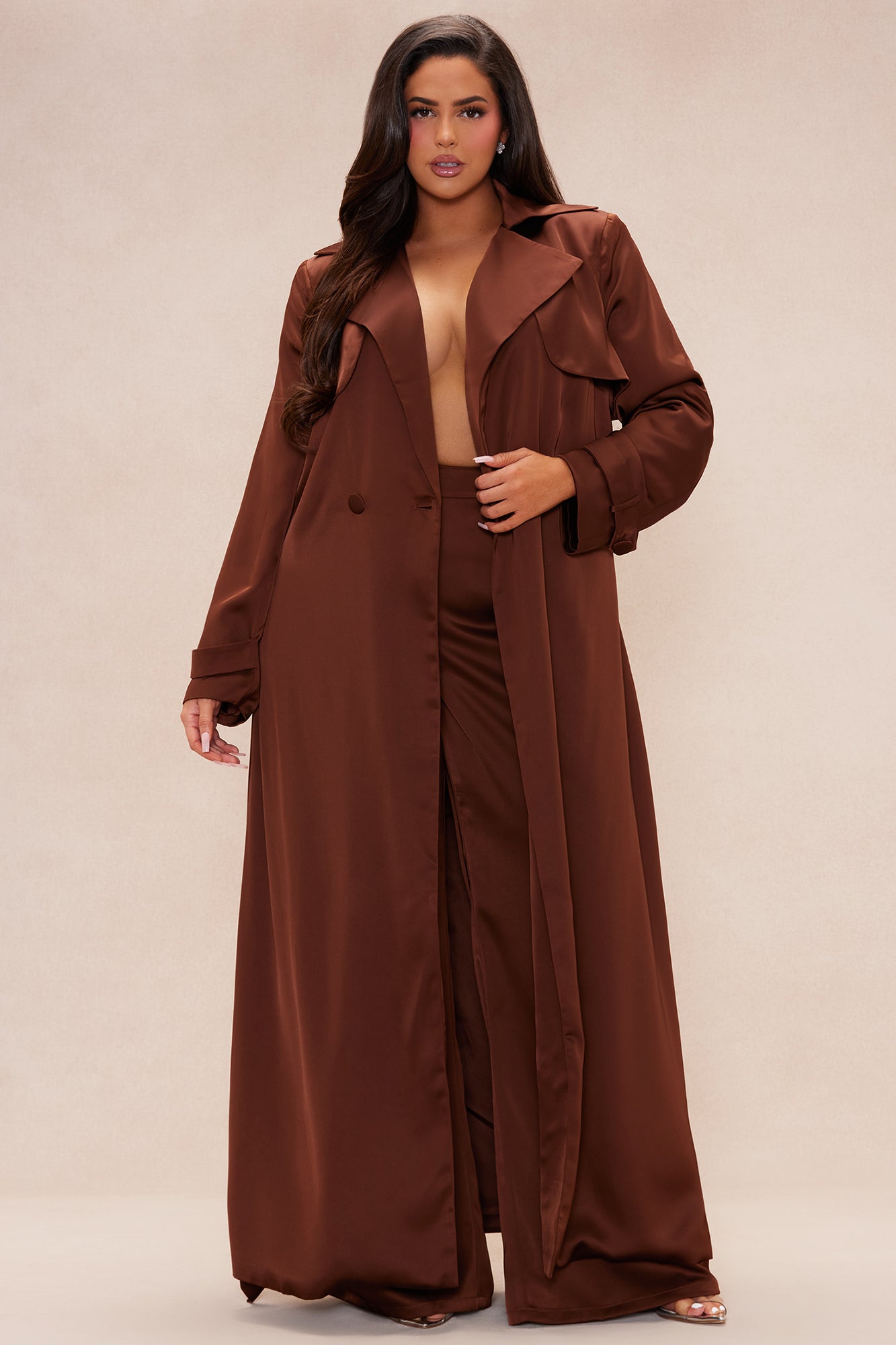 Gabriella Satin Trench Coat And Pant Set - Chocolate