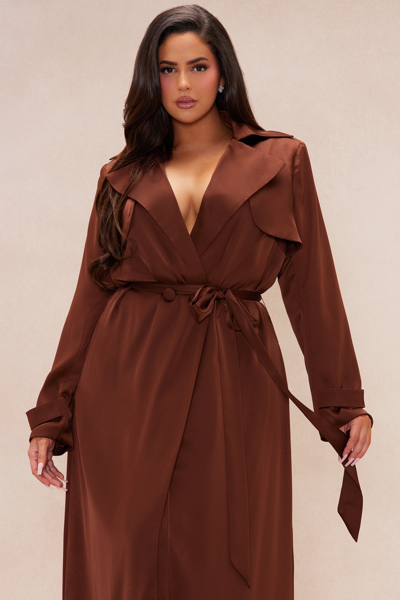 Gabriella Satin Trench Coat And Pant Set - Chocolate