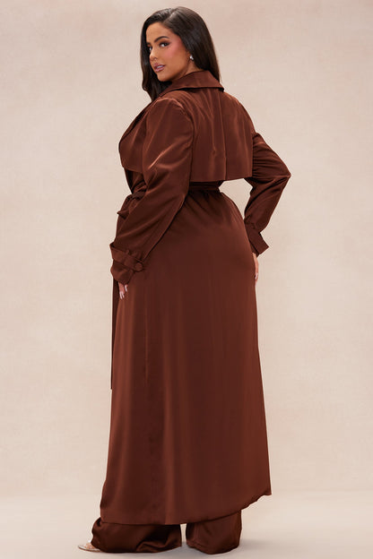 Gabriella Satin Trench Coat And Pant Set - Chocolate